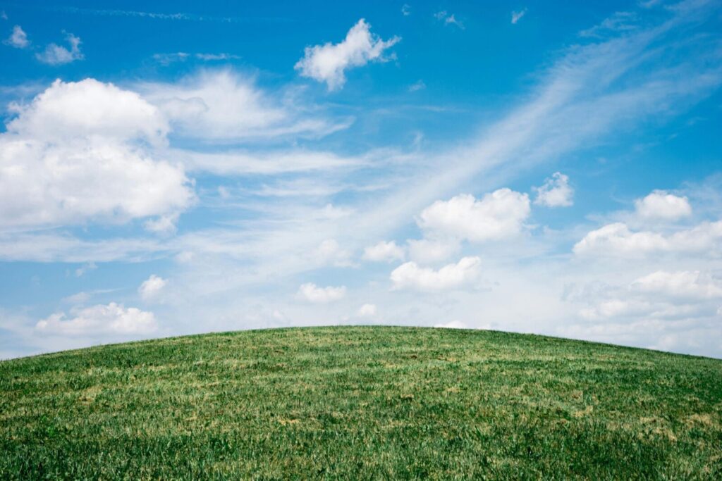 A serene meadow with a blue sky and fluffy clouds in London, Ontario.